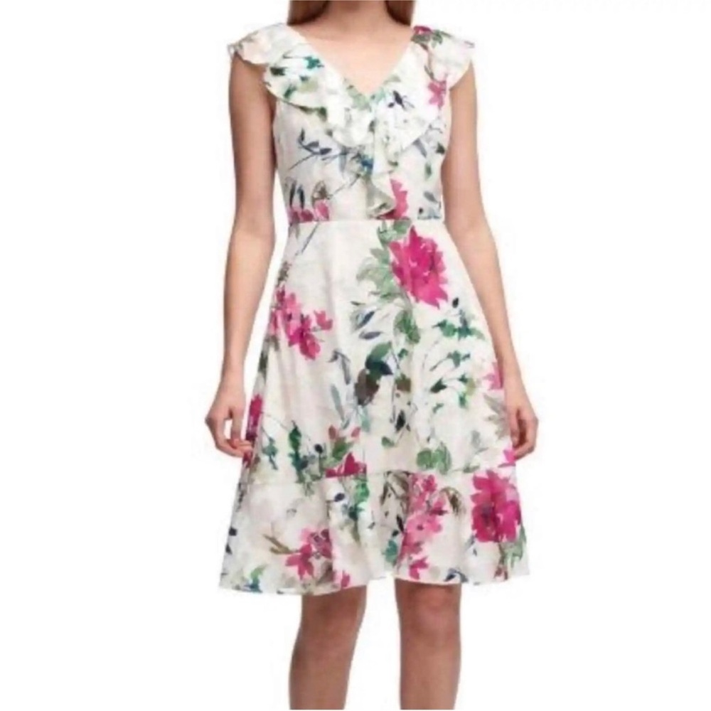 DKNY Floral chiffon layered ruffle dress white red pink green blue print size 10